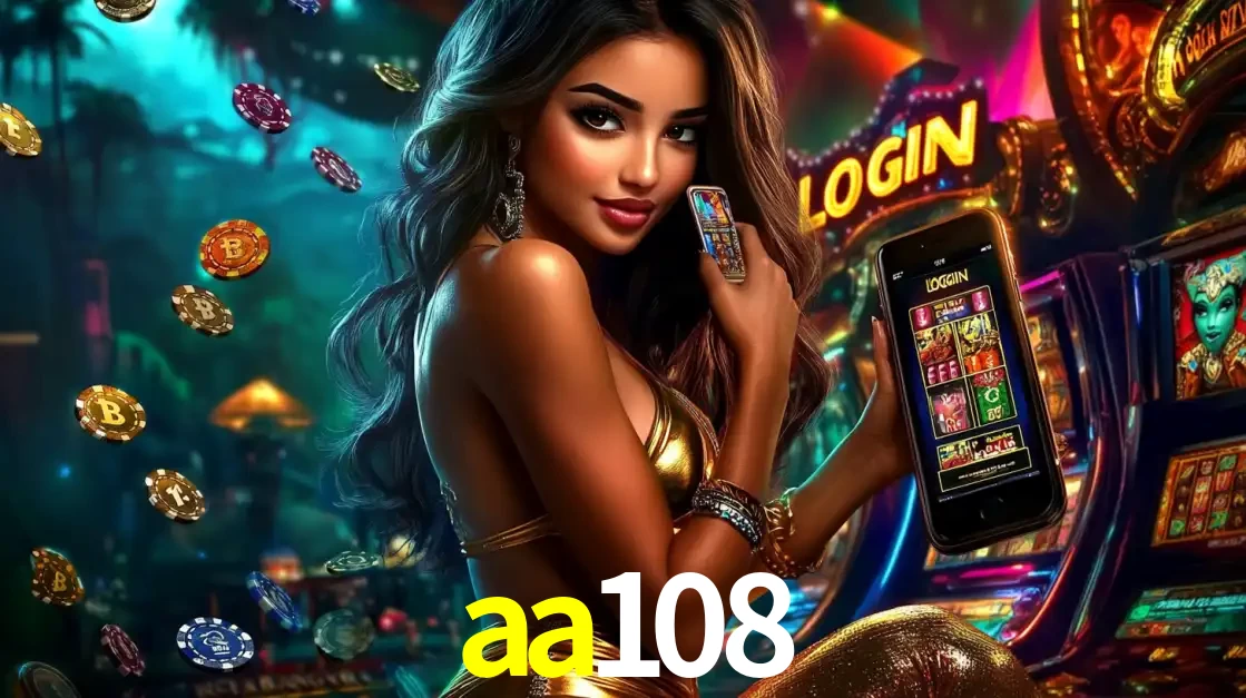 Mulher em um cenário de cassino temático de aventura, mostrando o app de caça-níqueis da aa108 no celular. Fichas de apostas flutuam ao redor.