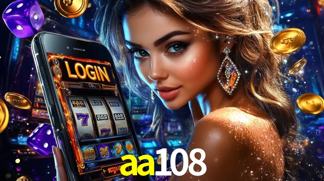Mulher glamorosa segurando um smartphone com a tela de login para os jogos de caça-níqueis do cassino online aa108, com moedas de ouro e dados ao redor.