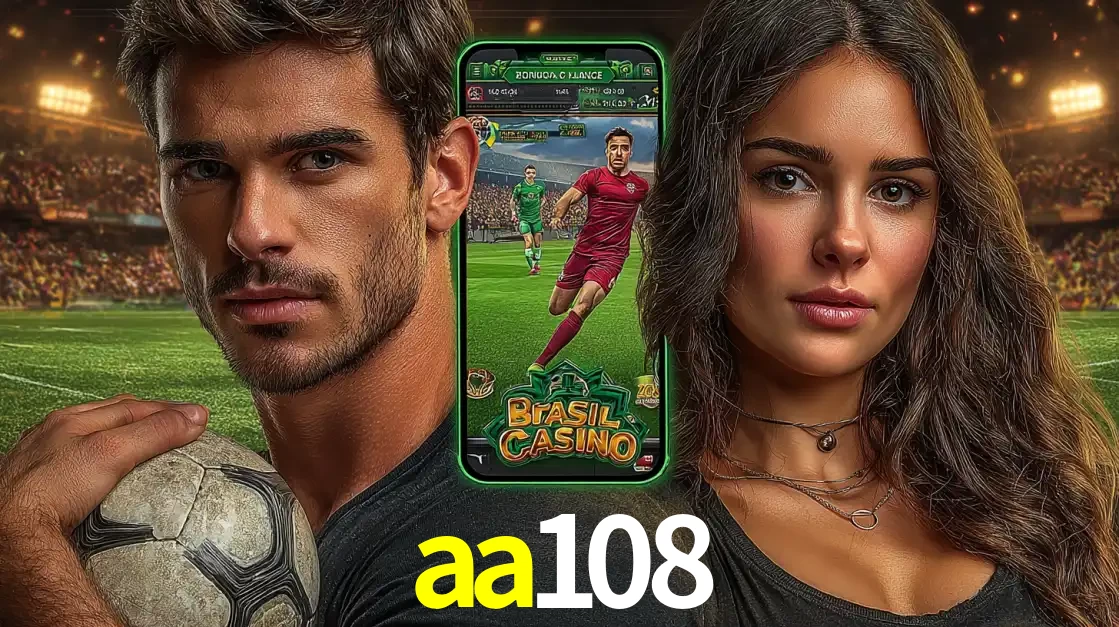Homem segurando uma bola de futebol e uma mulher ao lado de um smartphone exibindo o jogo de apostas esportivas da aa108. Faça seu palpite no cassino online.